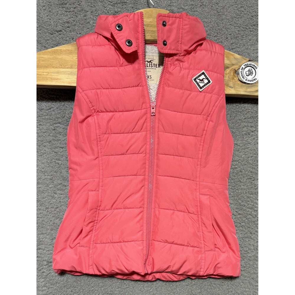 Hollister Hooded Sherpa Lined Pink Puffer Full Zip Vest Womens XS